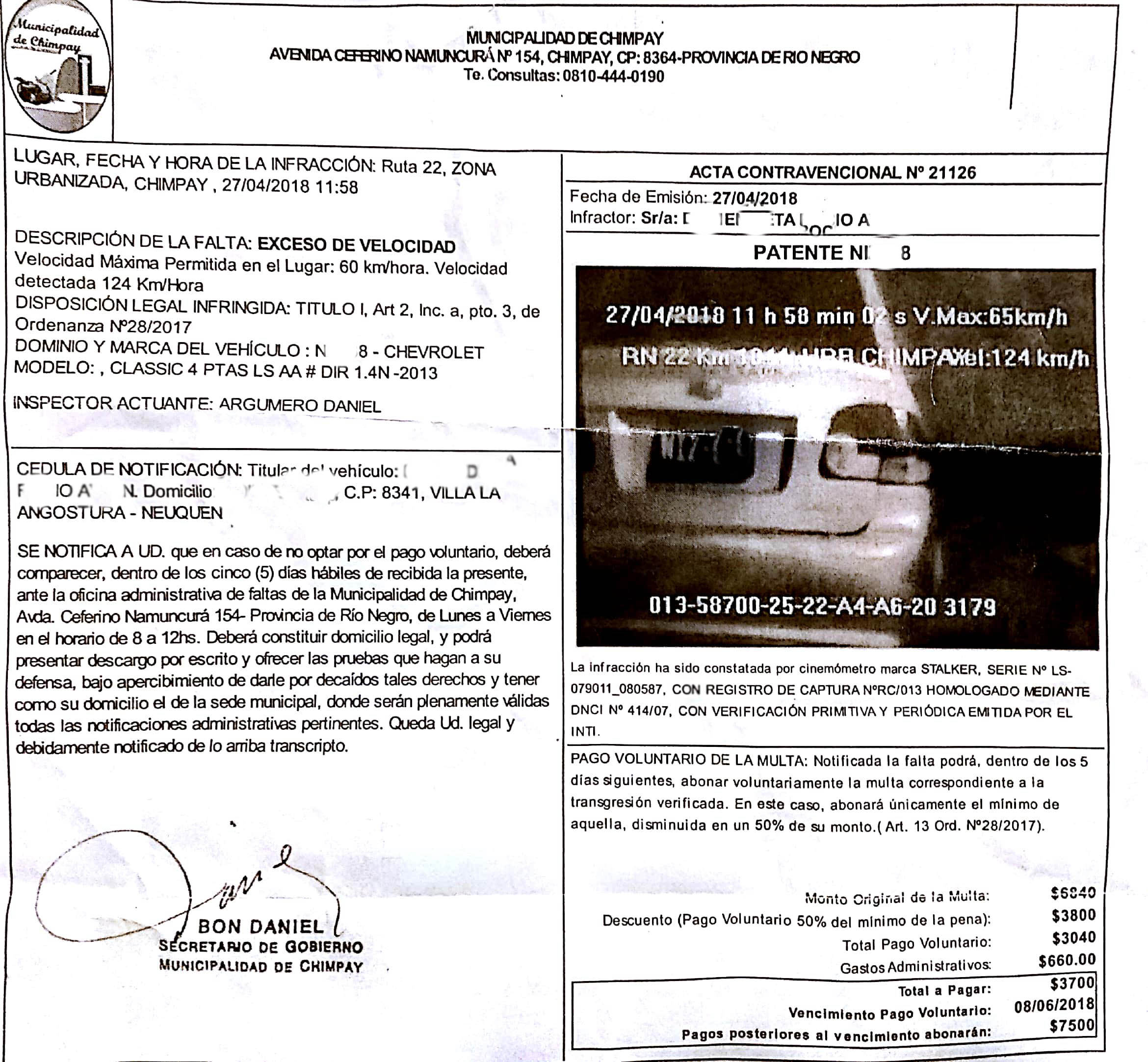 Una de las multas aplicadas en forma irregular a vecinos de Villa la Angostura.