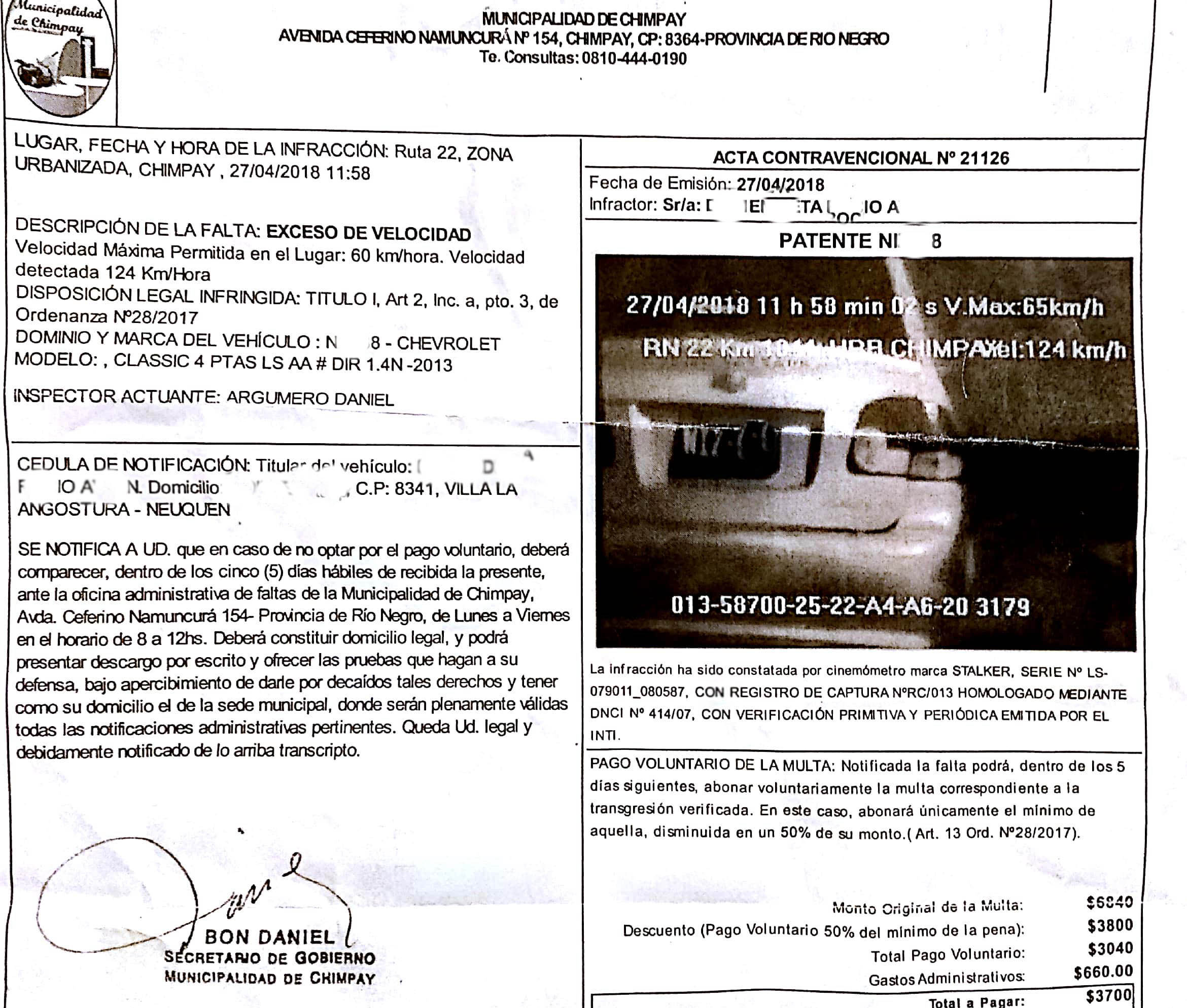 Una de las multas que llegó a un vecino de Villa la Angostura.